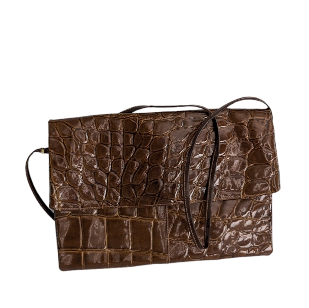 VTG Faux Croc Patent Leather Brown Fold Over Clutch Detachable Crossbody Strap